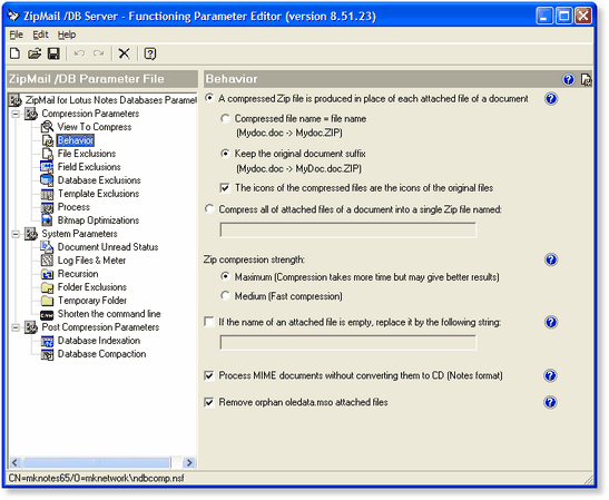 ZipMail /DB Server - Editor for the compression process parameters